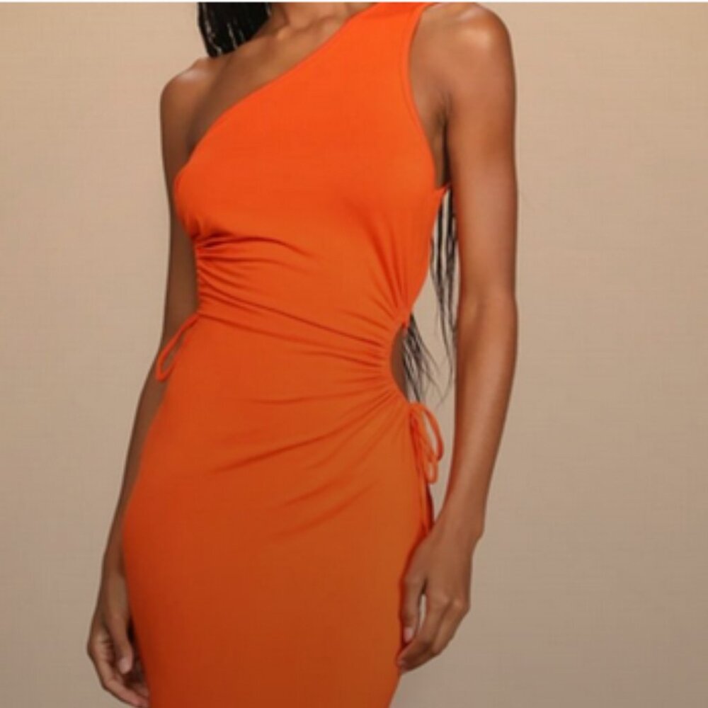 Lulu's "Heat of the Moment Orange Asymmetrical Cutout Bodycon Midi Dress"